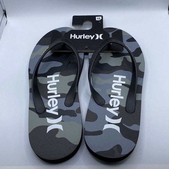 Hurley Men’s Flip Flops Slides Black Gray Sandals Camo Size 10 NWT - Picture 1 of 6